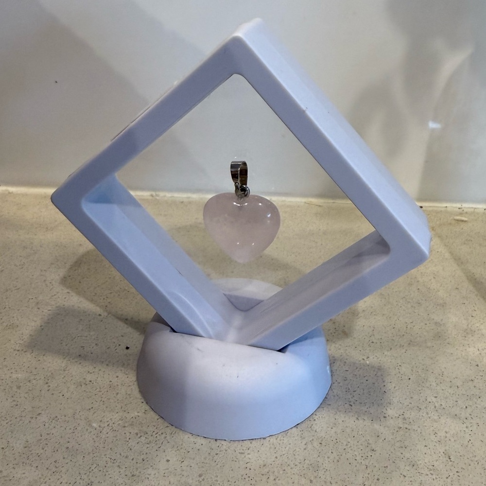Rose Quartz Heart Pendant Displayed in White Floating Frame - Picture 2 of 2